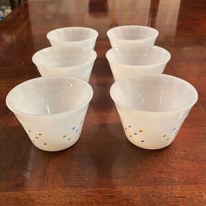 Vintage Pyr-o-Rey Dynaware Milk Glass Blue and Orange Diamond Custard Cups